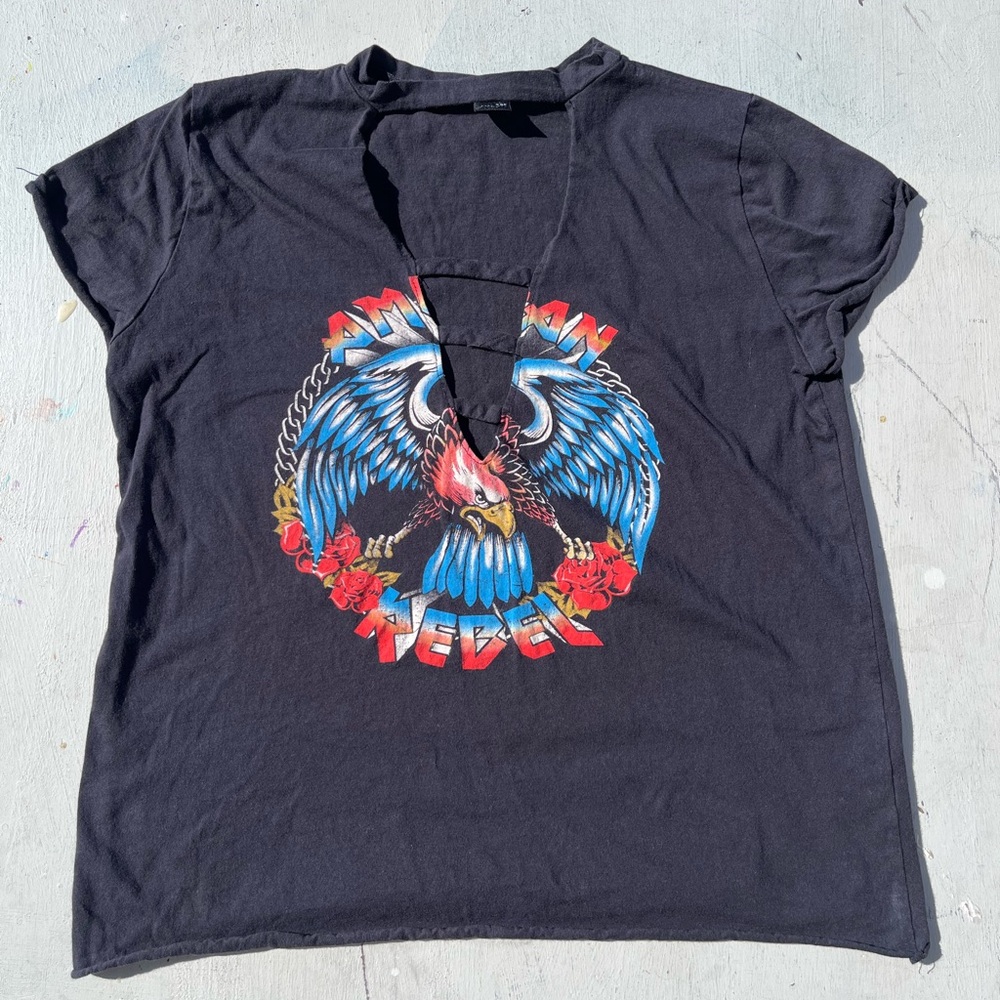 Women's American Rebel T-Shirt‎ Black L Cotton Bikercore Motorcycle Open Retro